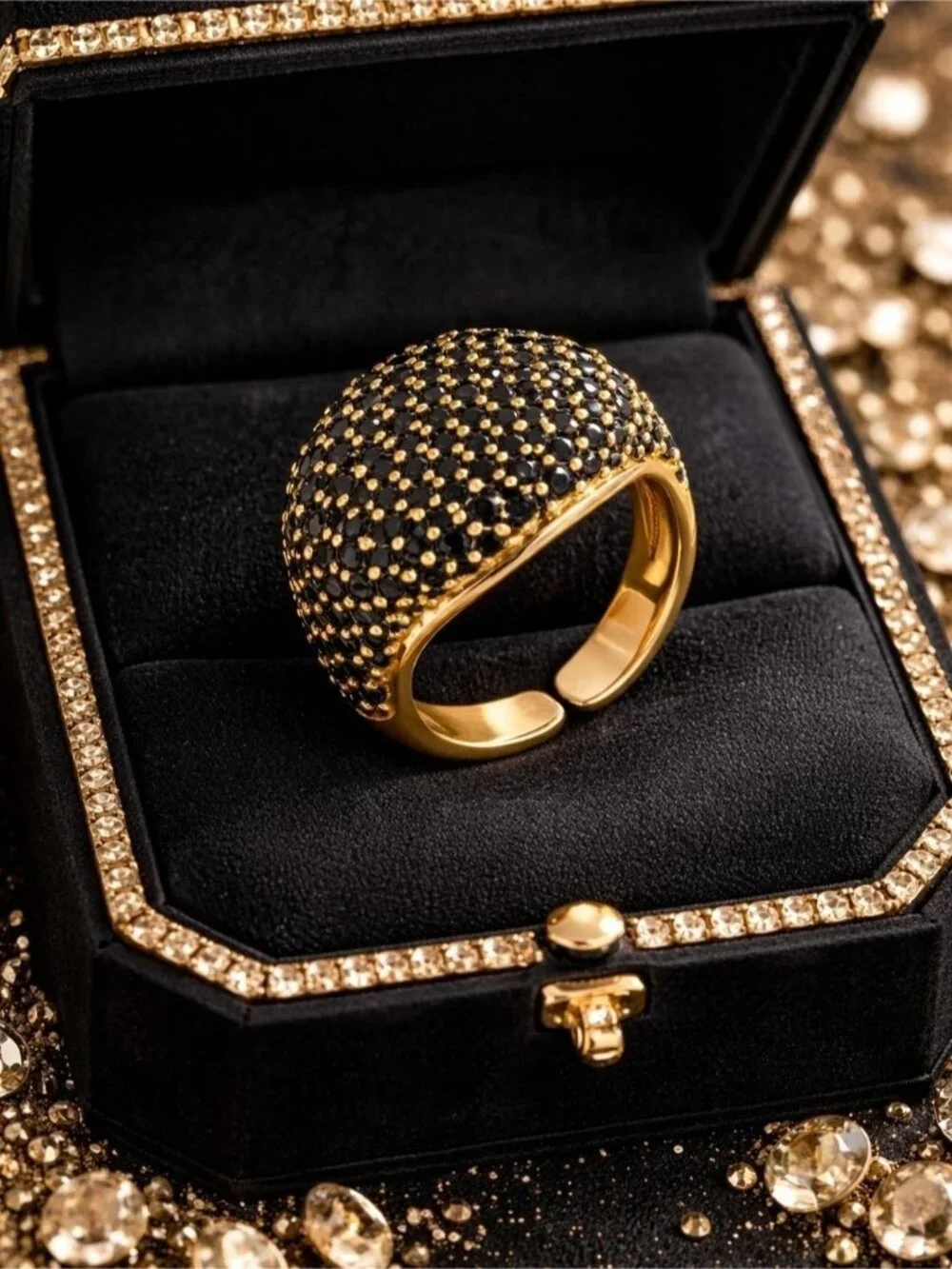 Gold Dome Ring with Black Crystal Accents